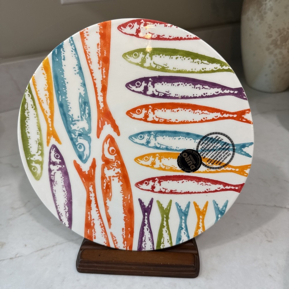 Duro Portugal Ceramic Trivet Hot Plate Sardines Fish Pattern Cork Backing 9 Inch